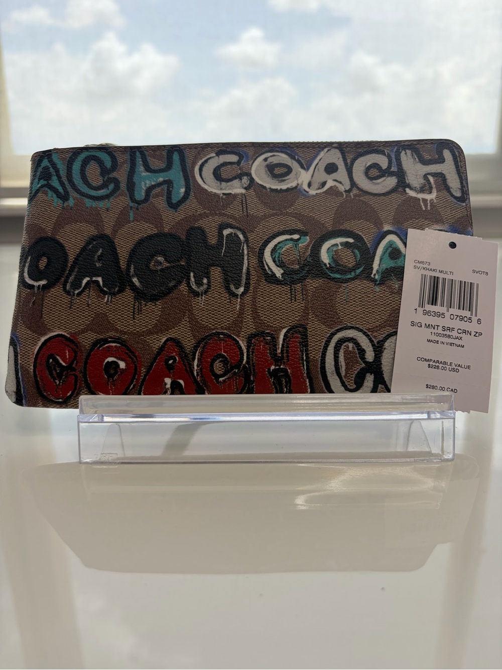 COACH Signature Mint Surf Large Wristlet Beige with Red, Black, Teal Accents